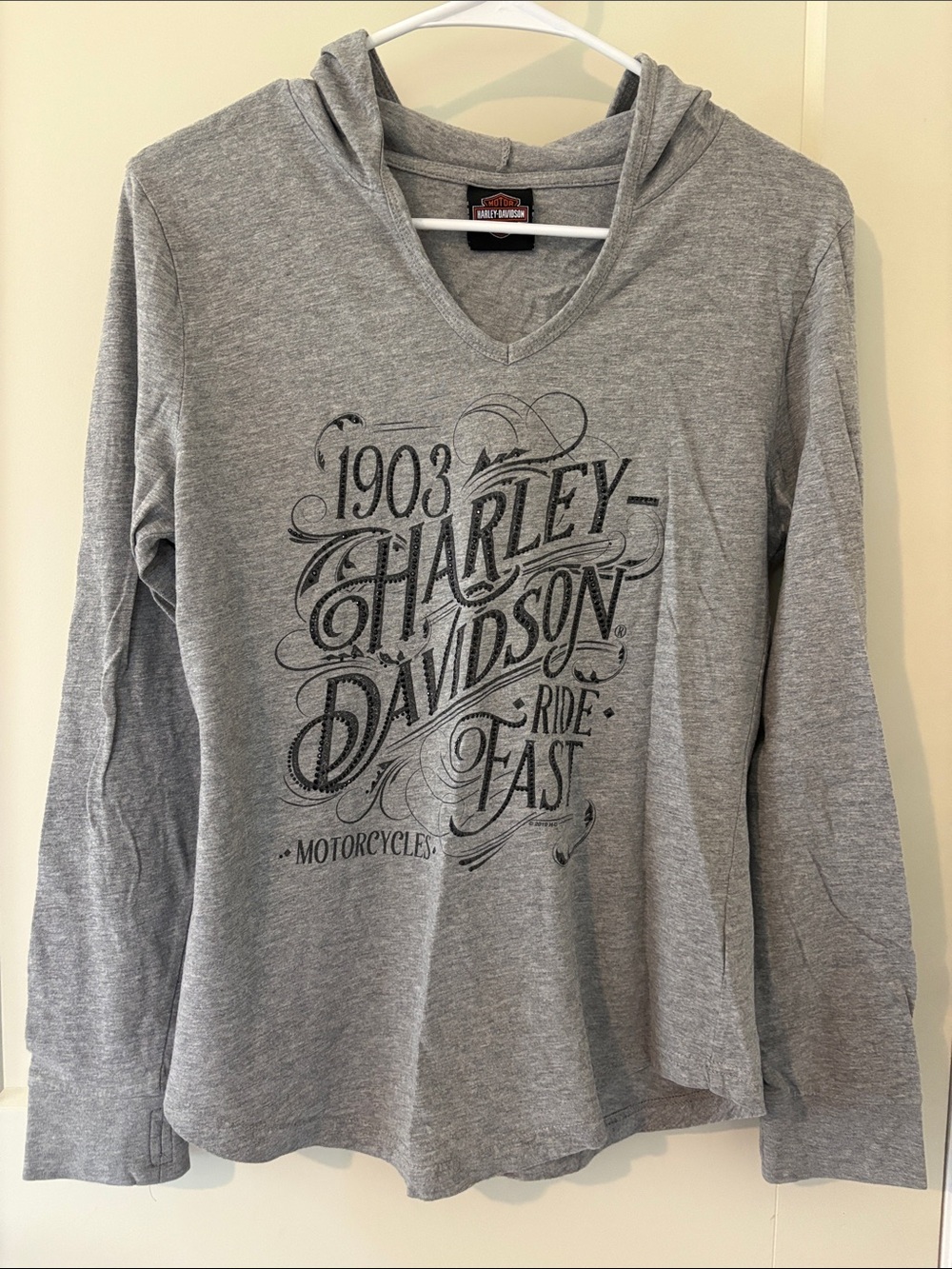 Women’s Harley-Davidson Gray V-Neck Hoodie with Black Script Graphic